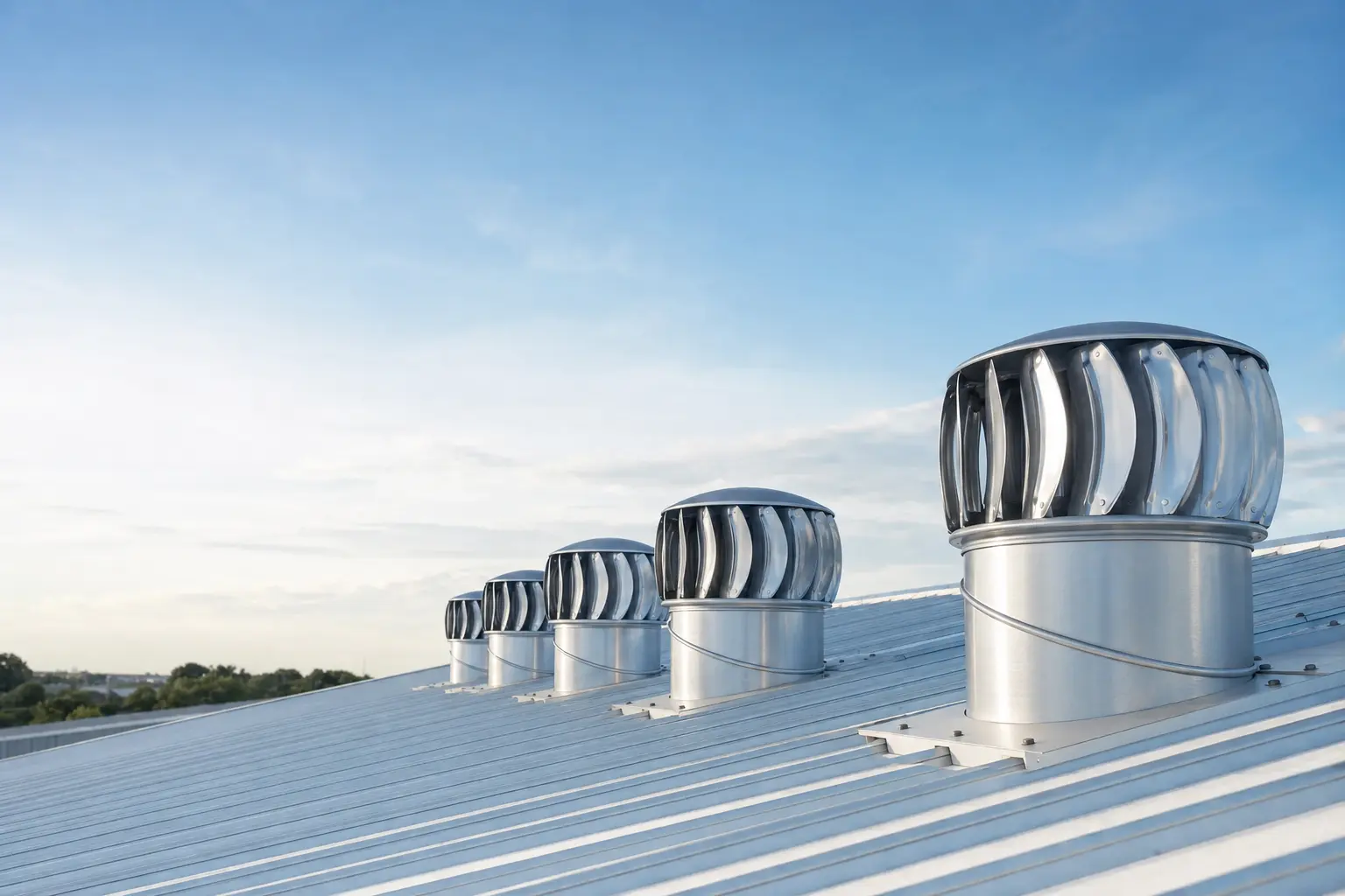 Wind-driven roof ventilators installed along a bright metal roof.