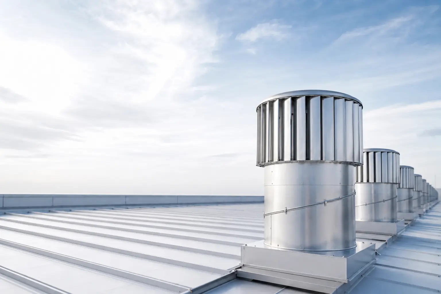 Silver roof ventilators installed in a row on a clean light metal roof.