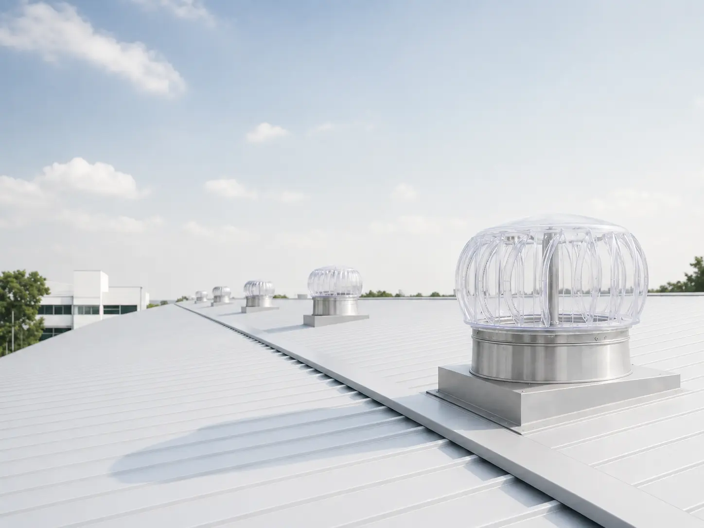 Wind-driven roof ventilators installed across a bright light metal roof.