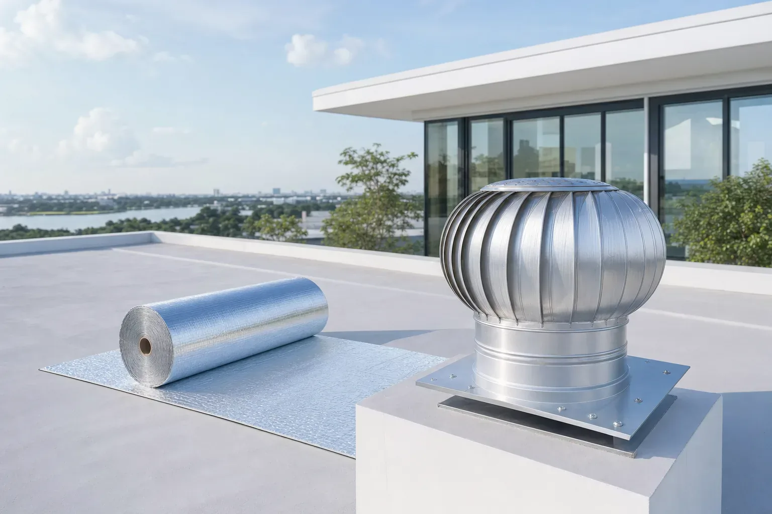 A rooftop ventilator beside a roll of reflective insulation.