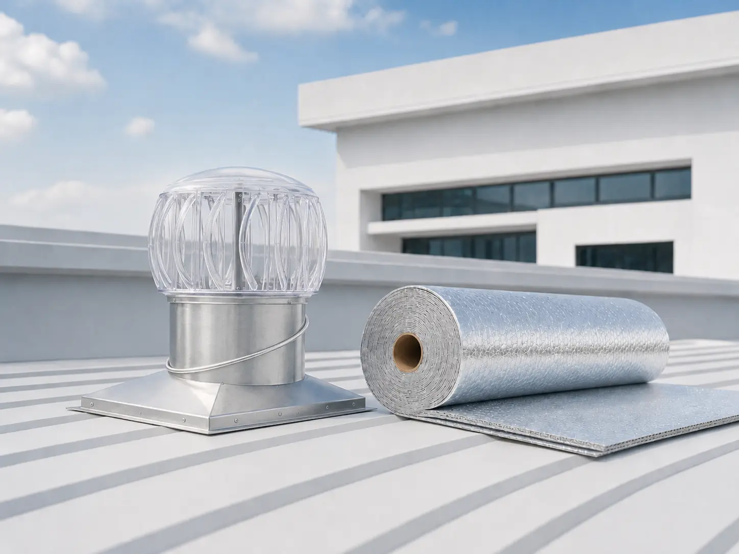 Roof ventilator and reflective insulation on a modern rooftop.