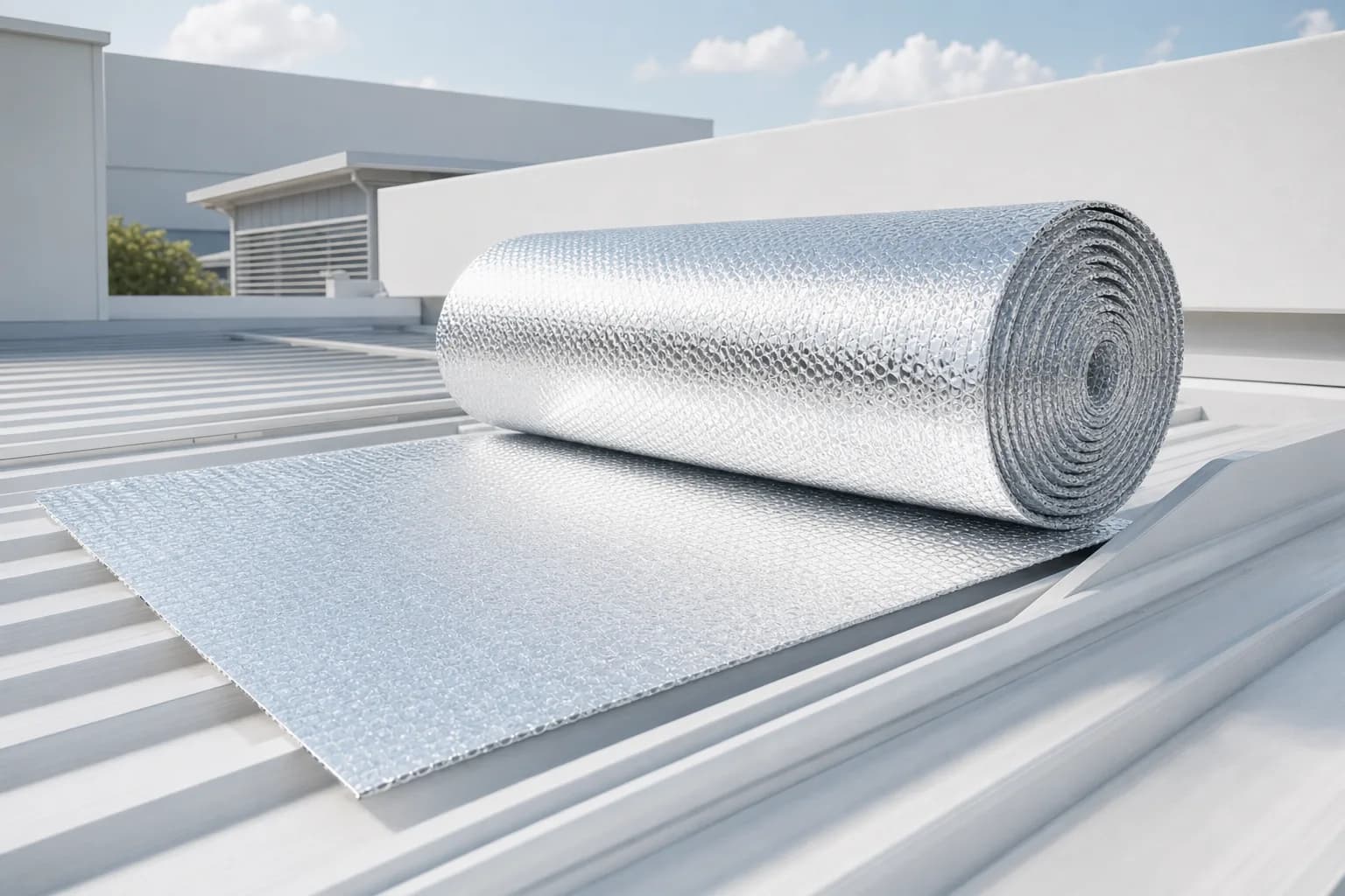 Reflective aluminum foil building insulation roll placed on a light gray roof.