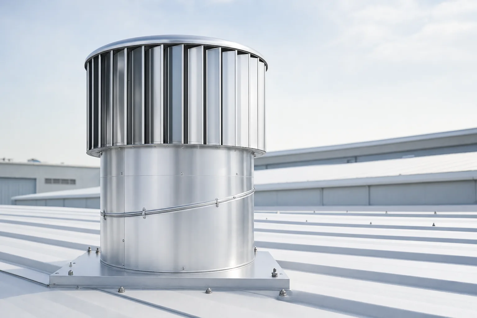 Silver Hurricane industrial wind-driven roof ventilator mounted on a clean light gray industrial roof.