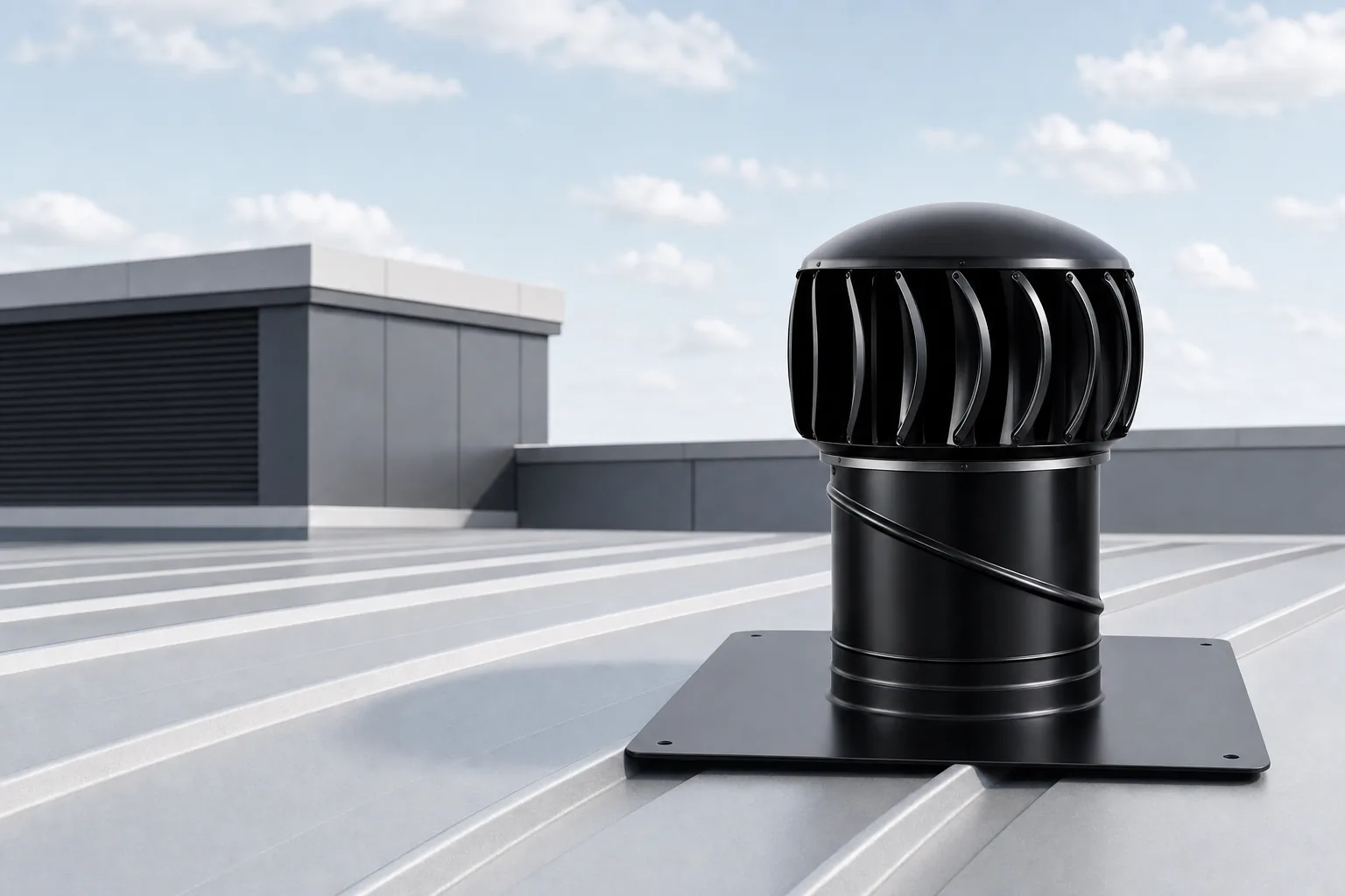 Black SupaVent wind-driven roof ventilator installed on a light gray metal roof.