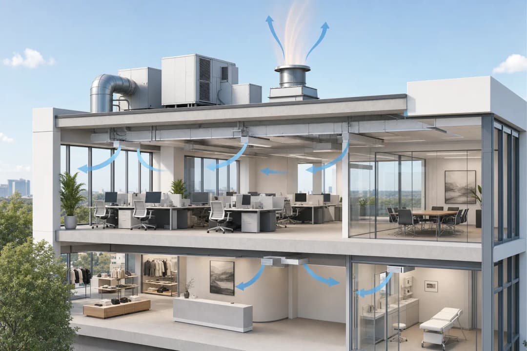 Commercial building ventilation airflow concept with rooftop exhaust.