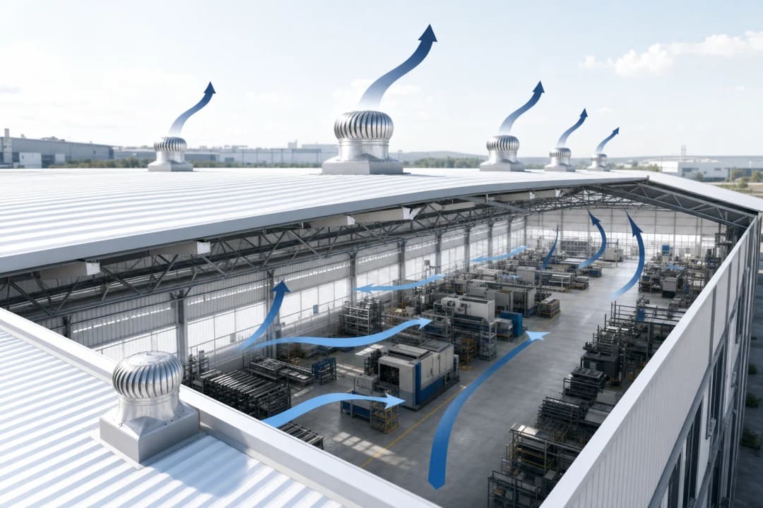 Factory and warehouse ventilation airflow concept with industrial roof ventilators.