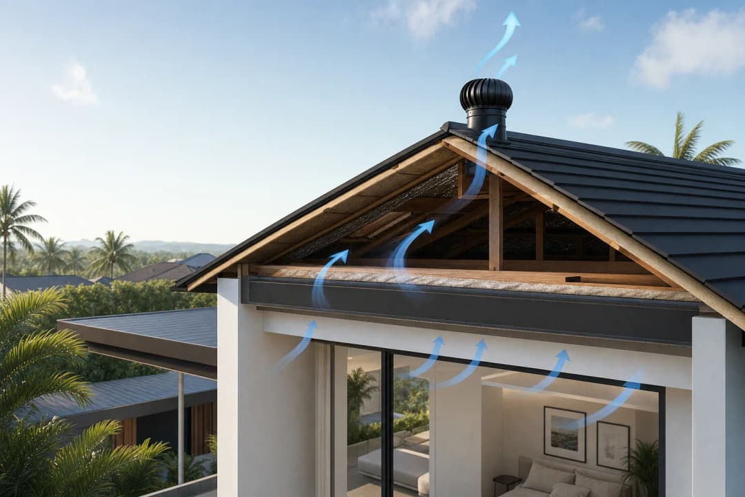 Residential roof ventilation airflow concept with a wind-driven roof ventilator.